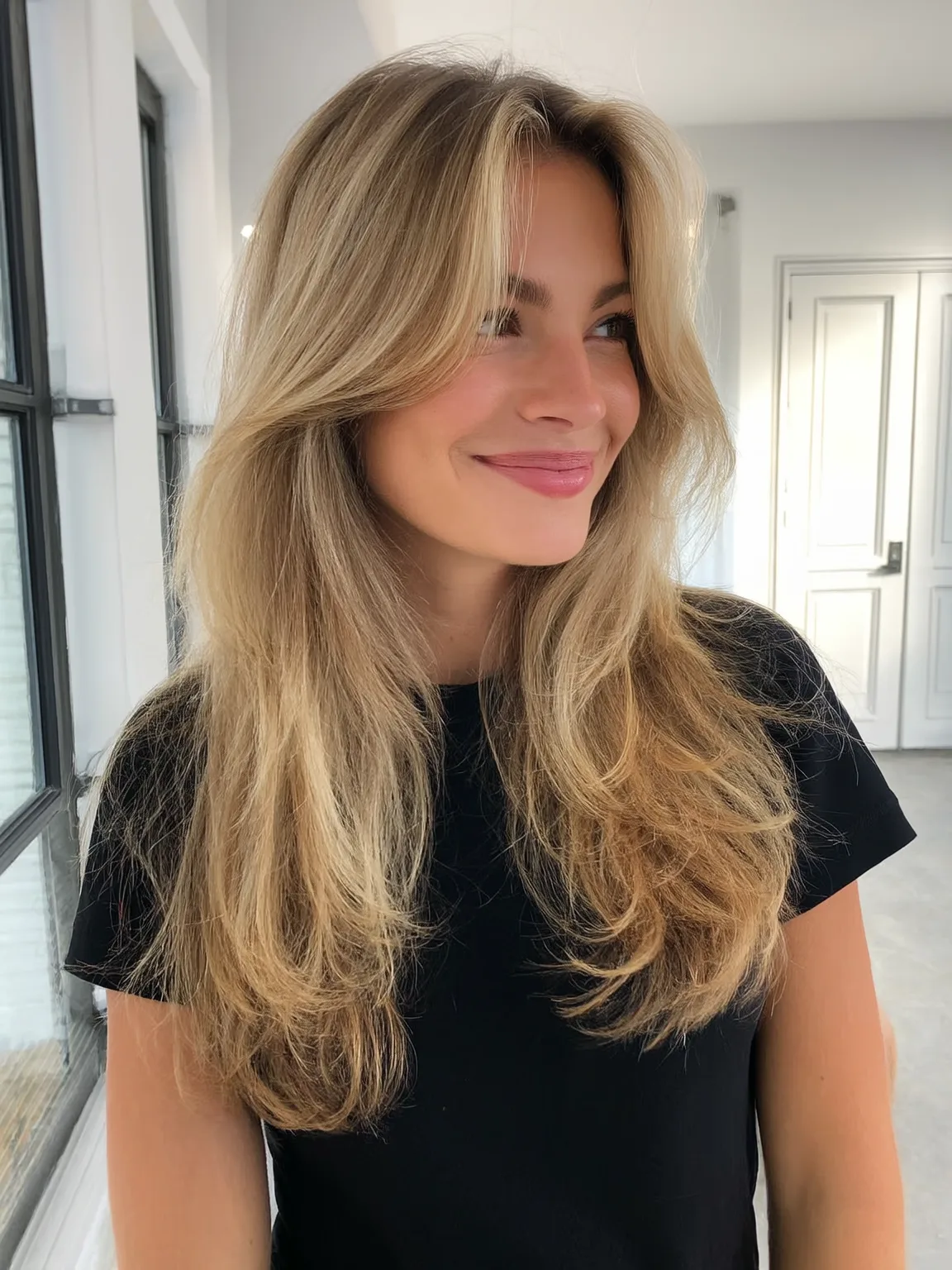 Voluminous Long Sandy Blonde Layered Waves with Curtain Bangs